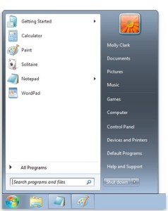 Windows 7 retains the classic start menu but applies a modern transparent theme to it.